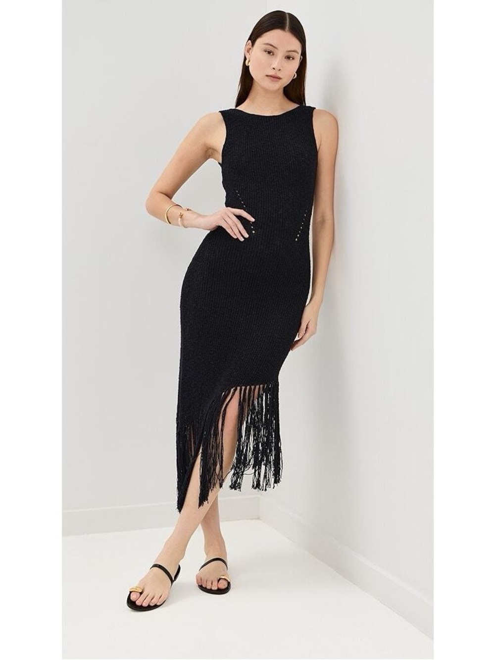 Rails Rylee Black Knitted Asymmetrical Sleeveless Fringe MIDI Dress - Picture 3 of 14